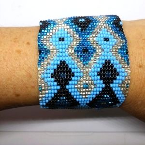 Handmade beaded cuff bracelet turquoise, black and silver